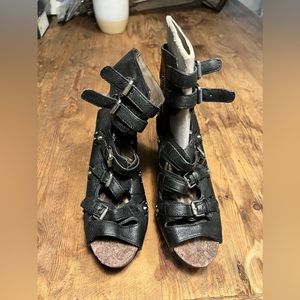 Sam Edelman Kinley Black Leather Stud Wedge Sandal Boots